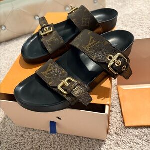 Louis Vuitton Brown Monogram Slide Sandals with Gold Buckles